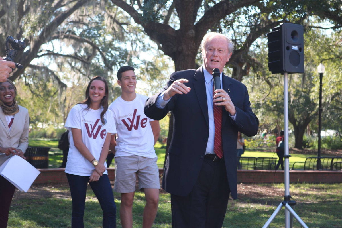 Photo of President Thrasher speaking at The Longest Table @ FSU event